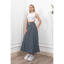 Korsaj Altı Büzgülü Çizgili Uzun Etek 6797