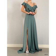 Moda Feminen Askılı Omuz Fırfırlı Yırtmaçlı Abiye Elbise 582190 Mint