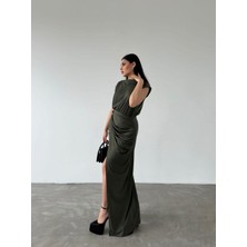 Moda Feminen Bel Büzgülü Yırtmaçlı Uzun Sandy Elbise 582885 Haki