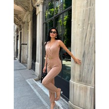 Moda Feminen Ithal Krep Kumaş Zincir Detaylı Tulum 582407 Vizon