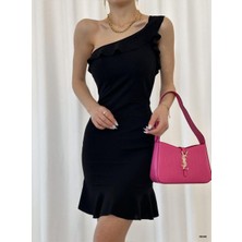 Moda Feminen Tek Omuz Detay Volanlı Krep Kumaş Elbise 582446 Siyah