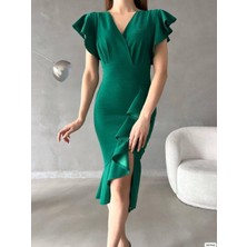 Moda Feminen Flowers Volanlı Kumaş Simli Elbise 582046 Zumrut