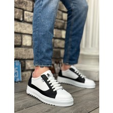 ET0323 Kalın Tırtık Yüksek Taban Beyaz Siyah Bağcıklı Spor Erkek Ayakkabı