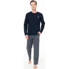 Erkek Lacivert Renk Düğmeli Yaka Uzun Kollu Çizgili Alt Düz Paça Pijama Takımı C4T9N981