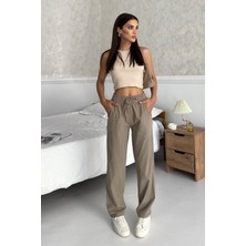 Yüksek Bel Bağcıklı %100 Pamuk Rahat Kalıp Vizon Düz Paça Kadın Pantalon