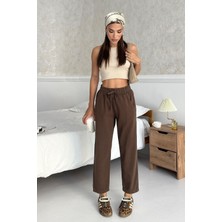 Gabardin %100 Pamuk Rahat Kalıp Kahverengi Yüksek Bel Düz Paça Kadın Pantolon