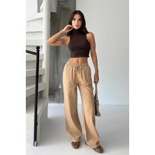 Gabardin %100 Pamuk Yüksel Bel Camel Bol Paça Palazzo Pantolon