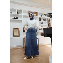2254-DENIM Klasik Etek Koyu Mavi
