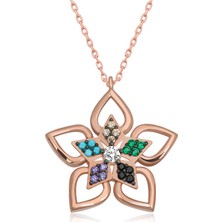 ​925 Ayar Gümüş Renkli Taşlı Çiçek Kadın Gümüş Kolye