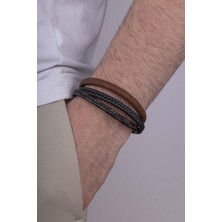 Gümüş Pazarım Kahve Geçişli 3 Parçalı Erkek Deri Bileklik