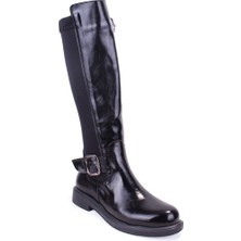 Dagoster DZA07-8965545 Siyah Kırışık Rugan Streçli Düz Topuklu  Kadın Çizme