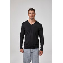 Erkek Siyah Uzun Kollu V Yaka Modal Basic Tişört C7T2N6O1