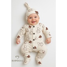 Babyden's Ayıcıklı Desenli Pamuklu Bebek Tulum ve Şapka Takımı Düğmeli Fitilli Ribana Kumaşlı Bebek Tulumu