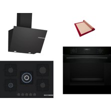 Bosch Siyah 3 Lü Ankastre Set 432( HUA717BA0T - PNQ7B6P30O - DWK66PJ60T ) 75CM Wok Bek Ocak - Buhar Destekli - Pişirme Matı ile
