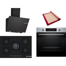Bosch Siyah 3 Lü Ankastre Set 434 ( HUA717BR0T - PNQ7B6P30O - DWK66PJ60T  ) 75CM Wok Bek Ocak - Buhar Destekli - Pişirme Matı ile