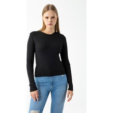 Kadın Bisiklet Yaka Fitilli Basic Triko Body Siyah - 25K 2060