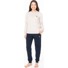 Kadın Bisiklet Yaka Uzun Kollu Pijama Takımı Rahat Kumaş Bantlı Paça