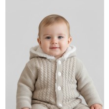 Enfal Bebe İçi Welsoft Kürklü, Kapüşonlu, Örgü Desenli Açık Kahverengi Bebek Hırkası Pamuk Kumaşlı