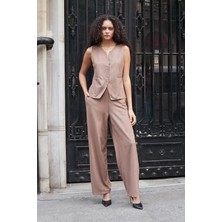 Kadın Süet Dokulu Kumaş Geniş Sıfır Yakalı Flato Cepli Yelek-Vizon