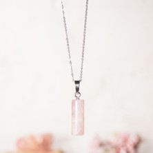 Pembe Kuvars Doğal Taş Silindir Kolye