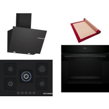 Bosch Siyah 3 Lü Ankastre Set 440  ( HJG852YB0T - PNQ7B6P30O - DWK66PJ60T  ) 75CM Wok Bek Ocak - 3D Fry Hava ile Kızartma - Pişirme Matı ile