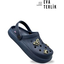 Sermoda Aksesuarlı 4 cm Kalın Taban Kadın Sabo Terlik Hastane Terliği 1014 Lacivert