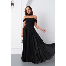 Kadın Siyah Şal Yaka Straplez Söz Nişan Abiye Elbise