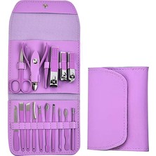 16 Parça Paslanmaz Çelik Bakım Seti, Deri Çantalı, Tırnak ve Yüz Bakımı, Mor