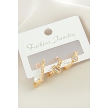 3 Adet Dikdörtgen Inci Zirkon Taşlı Küpe