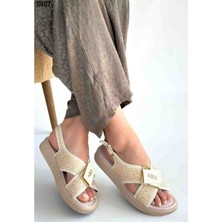 Cate Bej Hasır Cilt Sandalet, Kırmızı Gül Figürlü Kolye Hediye