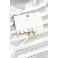 Pirinç Gold Renk Inci Detaylı 925 Gümüş Çivili Kadın Küpe Seti