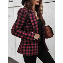 Kadın Uzun Kollu Yakalı Kare Desenli Ekoseli Düğmeli Ceket, Kırmızı Gül Figürlü Kolye Hediye