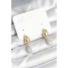 Gold Renk Zirkon Taşlı Damla Pirinç Kadın Küpe