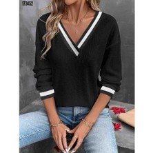 Kadın Uzun Kollu V Yakalı Waffle Bluz, Kırmızı Gül Figürlü Kolye Hediye