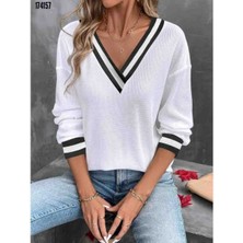 Kadın Uzun Kollu V Yakalı Waffle Bluz, Kırmızı Gül Figürlü Kolye Hediye