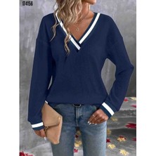 Kadın Uzun Kollu V Yakalı Waffle Bluz, Kırmızı Gül Figürlü Kolye Hediye