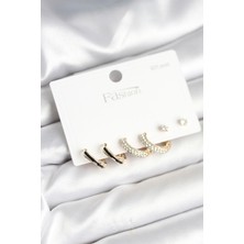 Gold Renk Pirinç Zirkon Taşlı 925 Ayar Gümüş Çivili Kadın Küpe Seti