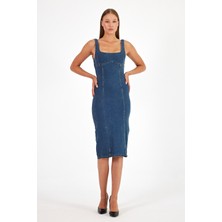 Arkadan Yırtmaçlı Fermuarlı Kalın Asklı Kot Elbise Denim Elbise