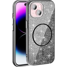 Apple iPhone 15 Kılıf M-Safe Şarj Özellikli Parlayan Simli  Okso Kapak