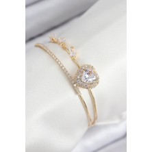 Pirinç Zirkon Taşlı Kalp Model Gold Renk Kadın Bileklik - TJ-BB7855