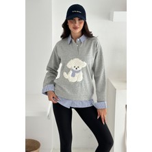 Kadın Nakış Peluş Ayıcık Figürlü Sweatshirt – Eğlenceli & Şehirli Stil