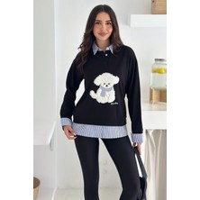Kadın Nakış Peluş Ayıcık Figürlü Sweatshirt – Eğlenceli & Şehirli Stil