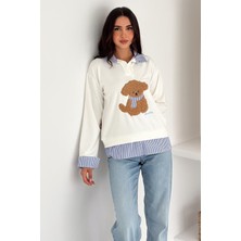 Kadın Nakış Peluş Ayıcık Figürlü Sweatshirt – Eğlenceli & Şehirli Stil