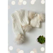 Çocuk Triko Ekru Renk Bere Atkı Seti Çift Ponponlu Kışlık