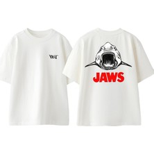Jaws 1 Tasarım Sırt Baskılı Pamuk Beyaz Oversize T-Shirt
