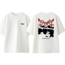 Mayhem 5 Tasarım Sırt Baskılı Pamuk Beyaz Oversize T-Shirt