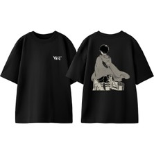 Attack On Titan Levi Manga Tasarım Sırt Baskılı Pamuk Siyah Oversize T-Shirt