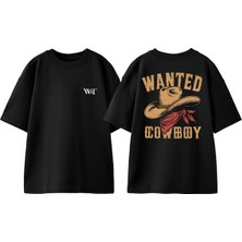 Wanted Cowboy Tasarım Sırt Baskılı Pamuk Siyah Oversize T-Shirt