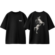 Kovboy ve At Tasarım Sırt Baskılı Pamuk Siyah Oversize T-Shirt