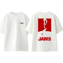 Jaws 4 Tasarım Sırt Baskılı Pamuk Beyaz Oversize T-Shirt